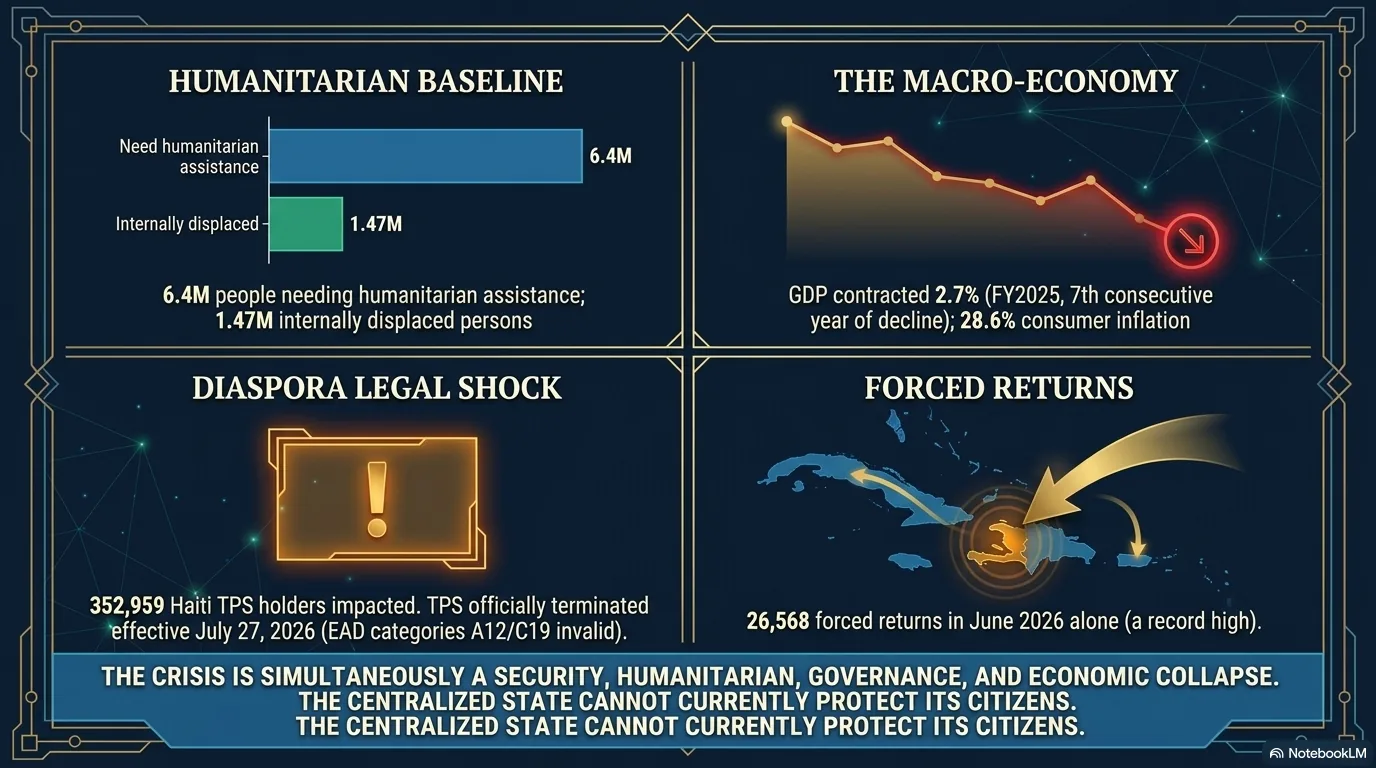 Crisis indicators: 6.4 million people needing humanitarian assistance and 1.47 million internally displaced; GDP contracted 2.7 percent in FY2025 with 28.6 percent inflation; 352,959 Haitian TPS holders affected by the termination effective 27 July 2026; 26,568 forced returns in June 2026.