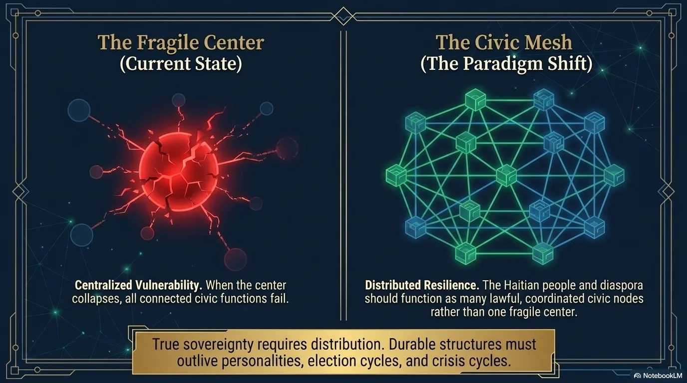 The Fragile Center versus the Civic Mesh: when a single centralized point collapses every civic function fails, whereas the Haitian people and diaspora acting as many lawful coordinated nodes remain resilient.
