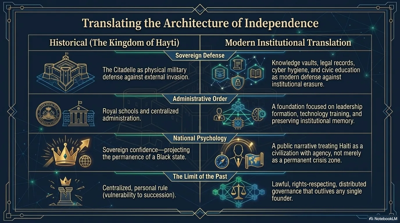 Translating the architecture of independence: the Citadelle as physical defense becomes knowledge vaults and civic education; royal schools become leadership formation; sovereign confidence becomes a public narrative of Haiti as a civilization with agency; centralized personal rule becomes lawful distributed governance.