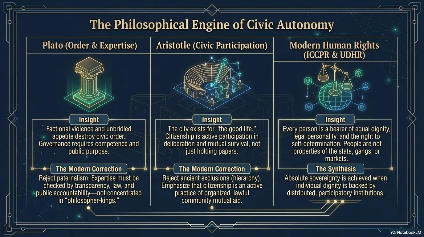 The philosophical engine of civic autonomy: Plato on order and expertise, Aristotle on civic participation, and modern human rights under the ICCPR and UDHR, each with its modern correction, synthesized as absolute sovereignty achieved when individual dignity is backed by distributed participatory institutions.