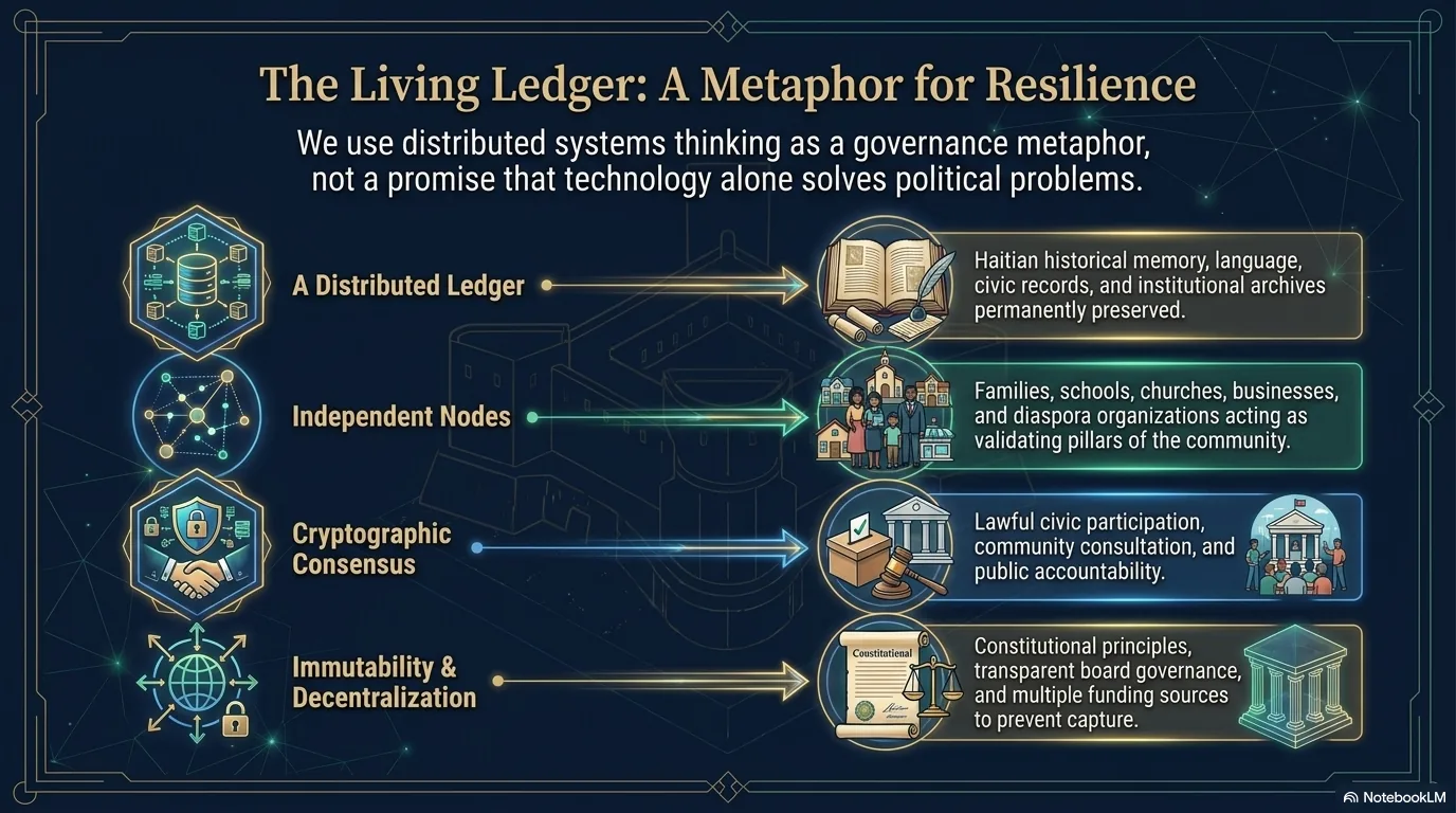 The Living Ledger as a metaphor for resilience: distributed systems thinking used as a governance metaphor, not a promise that technology alone solves political problems. Ledger maps to Haitian memory and archives, nodes to families, schools, churches and diaspora organizations, consensus to lawful civic participation, and decentralization to constitutional principles and multiple funding sources.