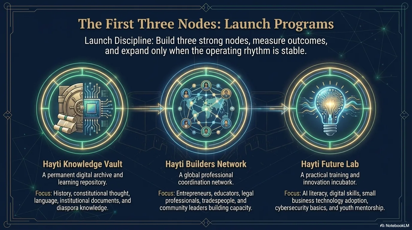 The first three nodes: the Hayti Knowledge Vault as a permanent digital archive, the Hayti Builders Network as a global professional coordination network, and the Hayti Future Lab as a practical training and innovation incubator — building three strong nodes before expanding.