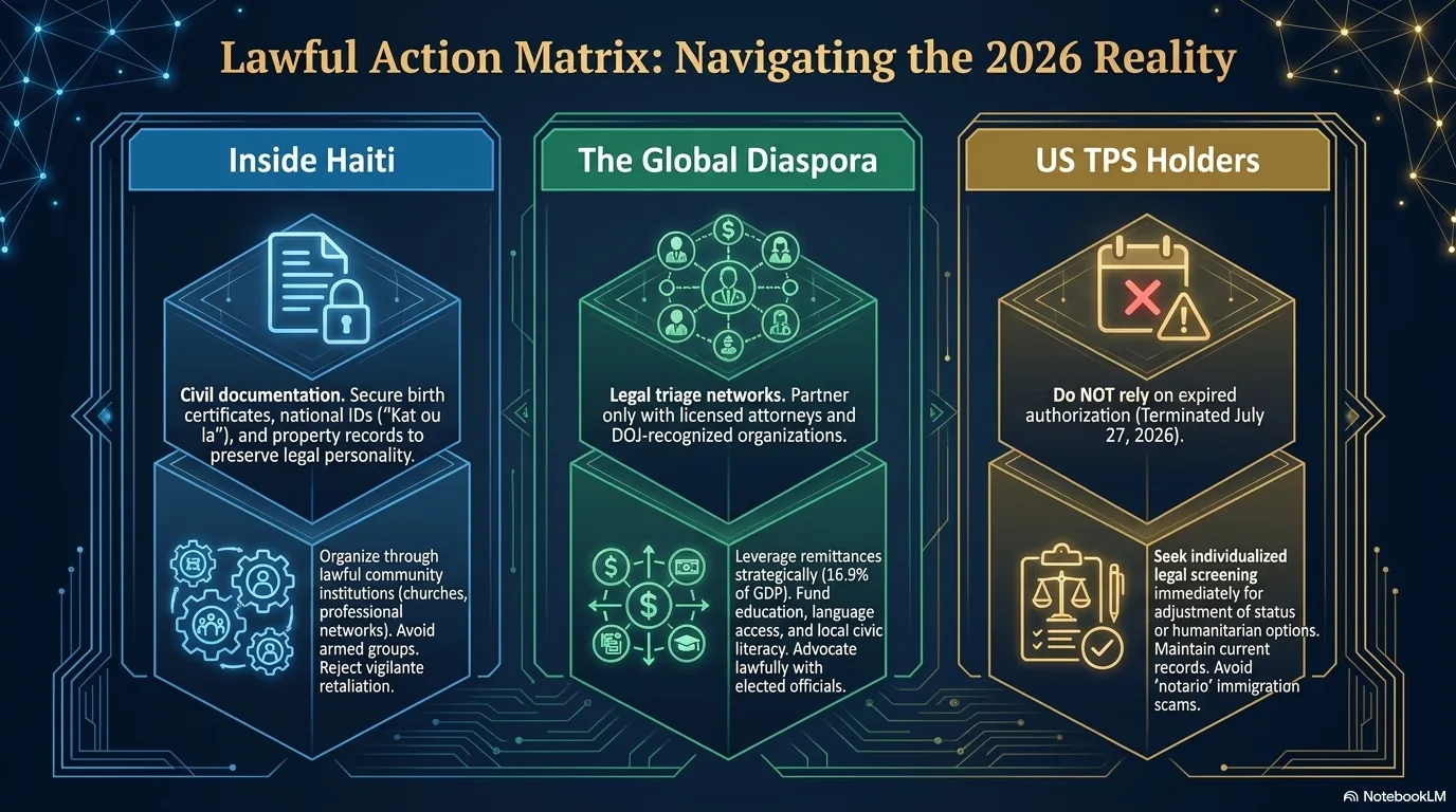 Lawful action matrix for 2026: inside Haiti, secure civil documentation and organize through lawful community institutions; in the global diaspora, use licensed attorneys and DOJ-recognized organizations and leverage remittances for education and civic literacy; for US TPS holders, do not rely on expired authorization, seek individualized legal screening, and avoid notario immigration scams.