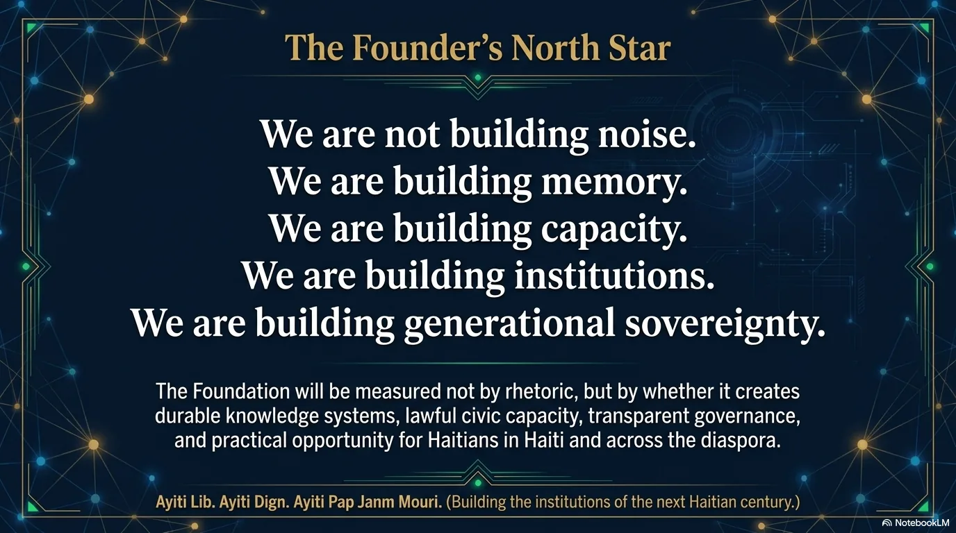 The Founder's North Star: we are not building noise, we are building memory, capacity, institutions, and generational sovereignty — the Foundation measured not by rhetoric but by durable knowledge systems, lawful civic capacity, transparent governance, and practical opportunity.